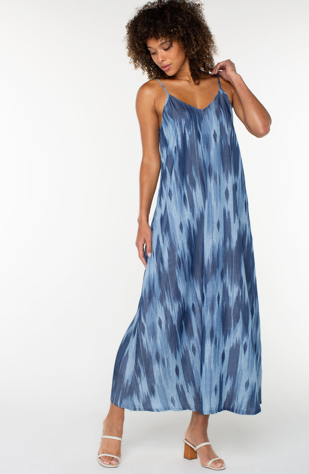 SPAGHETTI STRAP MAXI DRESS W/POCKETS - WATER COLORS BLUE