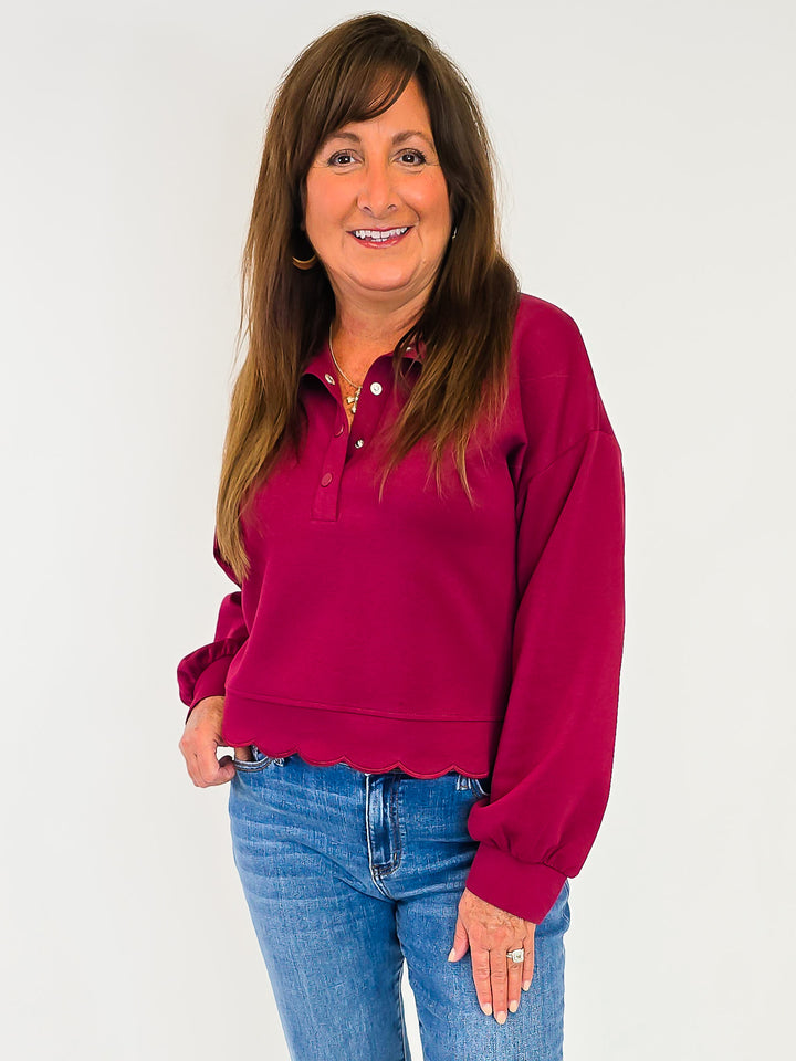 LONG SLEEVE SCALLOP HEM TOP - BURGUNDY