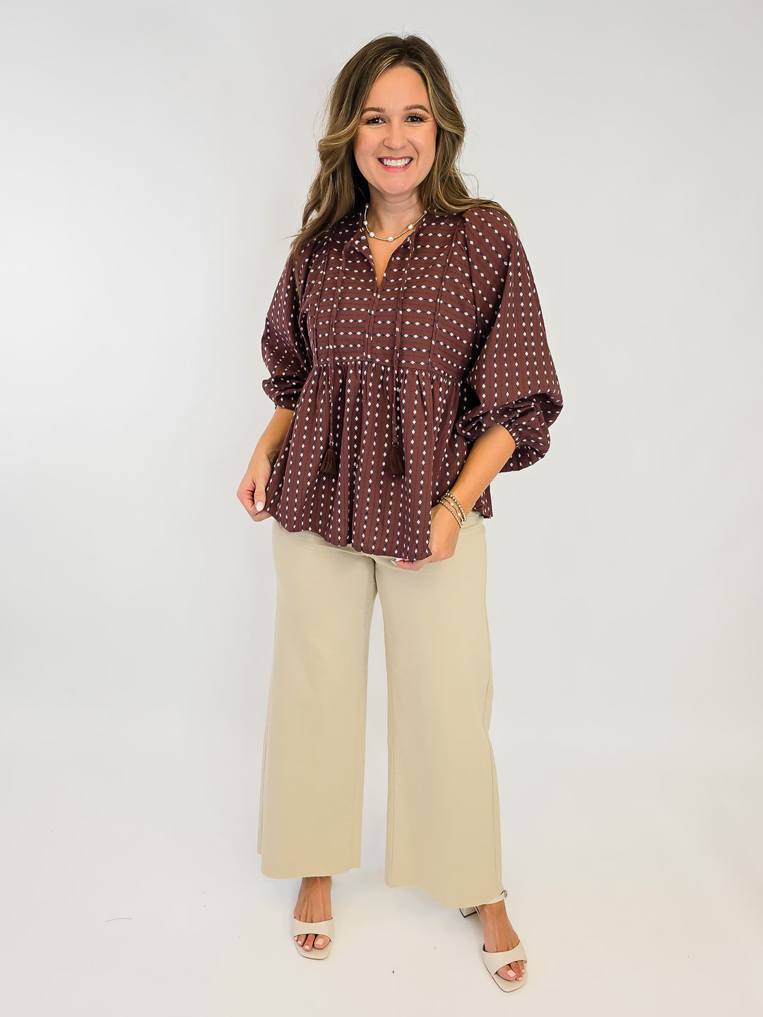 TIE FRONT PATTERN LONG SLEEVE BLOUSE - BROWNIE