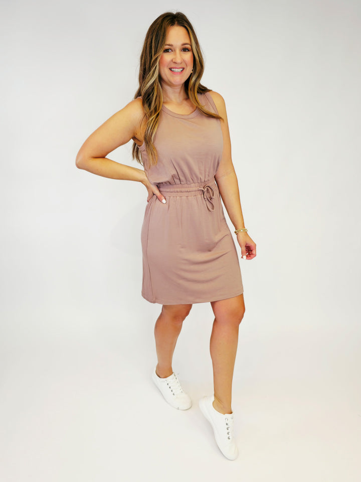 SLEEVELESS TERRY KNIT T-SHIRT DRESS - MOCHA