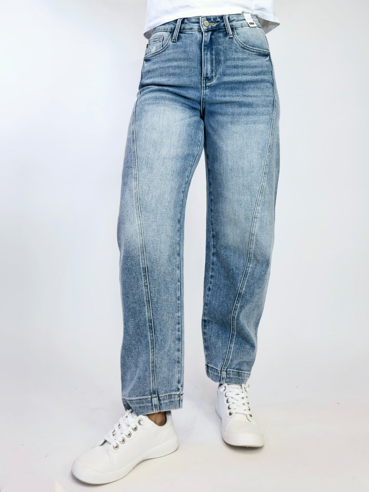 JUDY BLUE HW SIDE PANEL BARREL LEG JEANS - MEDIUM -29" INSEAM