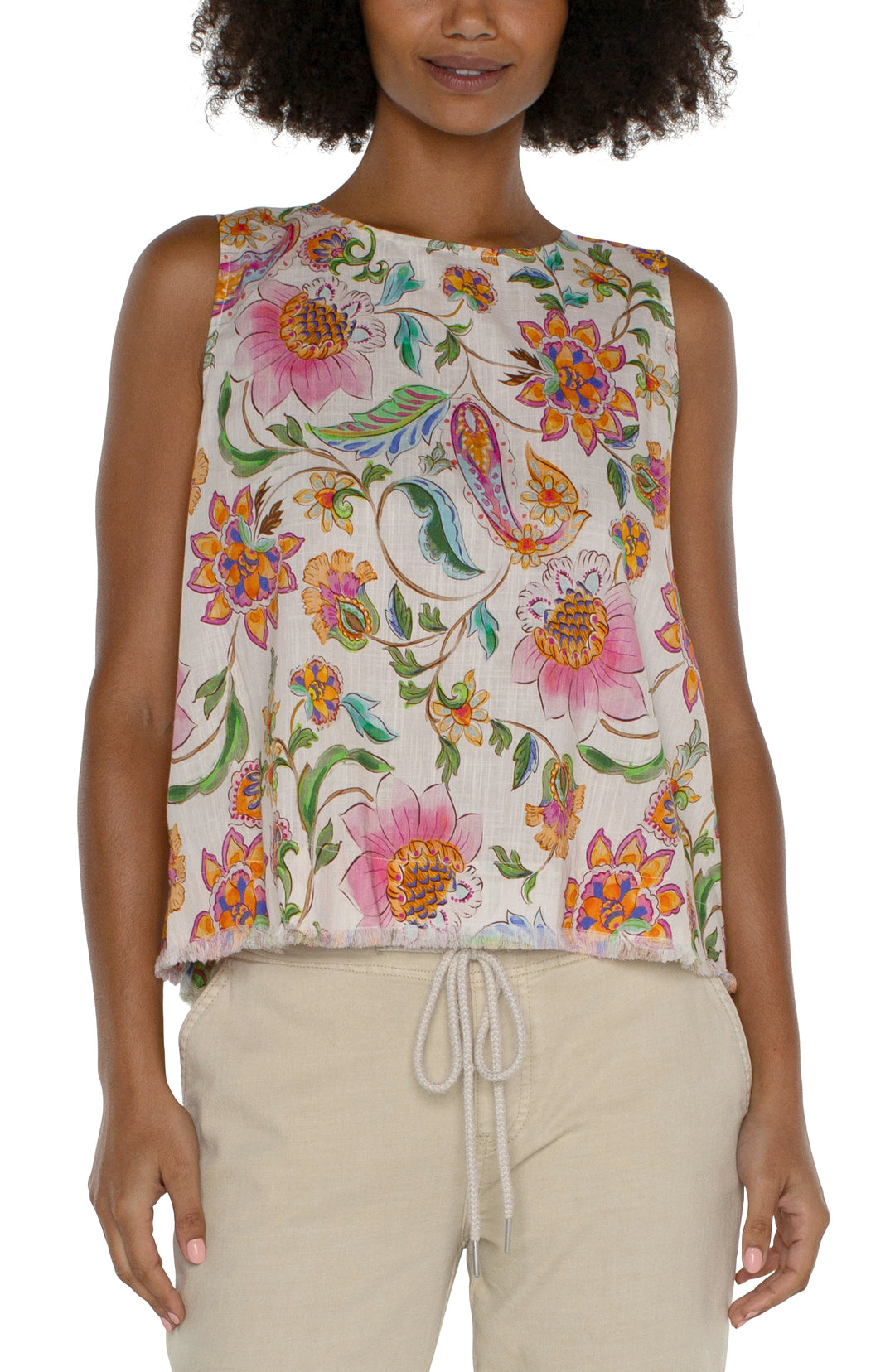 SLEEVELESS WOVEN TOP W/BUTTON BACK & FRAY HEM - PINK FLORAL