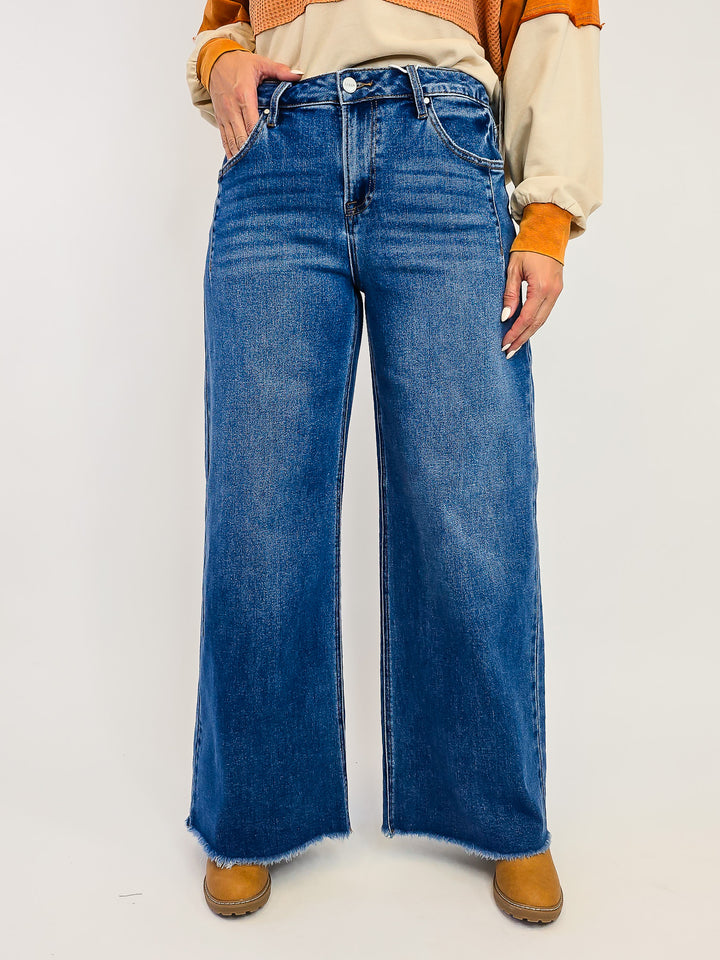 RISEN MID RISE FRAY HEM WIDE LEG JEANS - DARK - 30.5" INSEAM