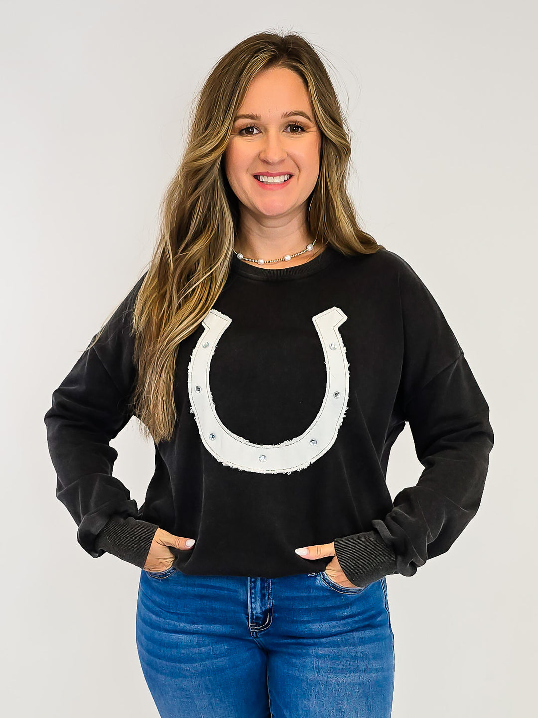 SNOW WASHED HORSE SHOE PULLOVER - ASH BLACK