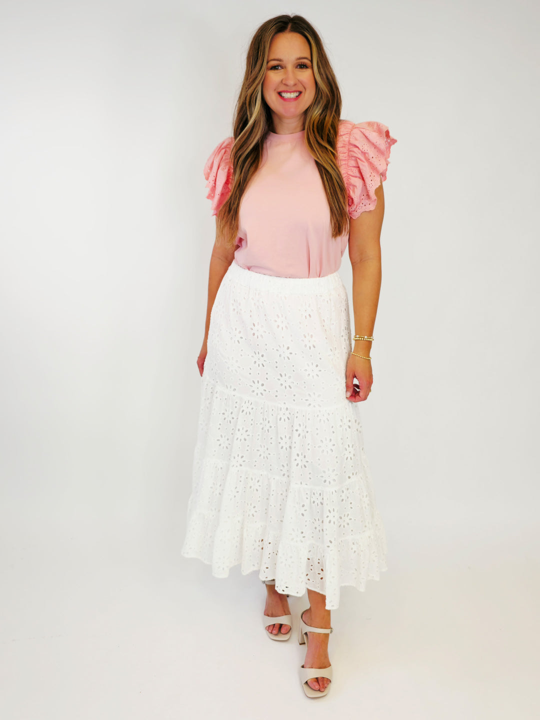 COTTON EYELET LACE TIERED MAXI SKIRT - WHITE