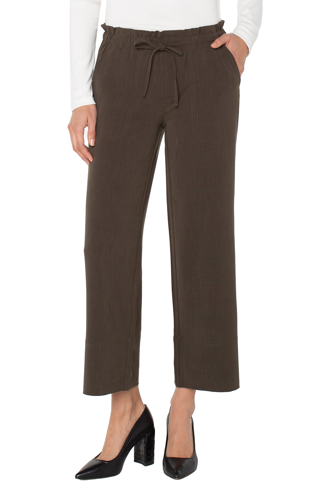 PULL ON TIE WAIST WIDE LEG ANGLE PANTS 26" INSEAM - BLACK OLIVE
