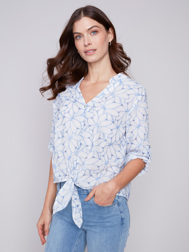 EYELET EMBROIDERED LINEN FRONT TIE BLOUSE - SKY