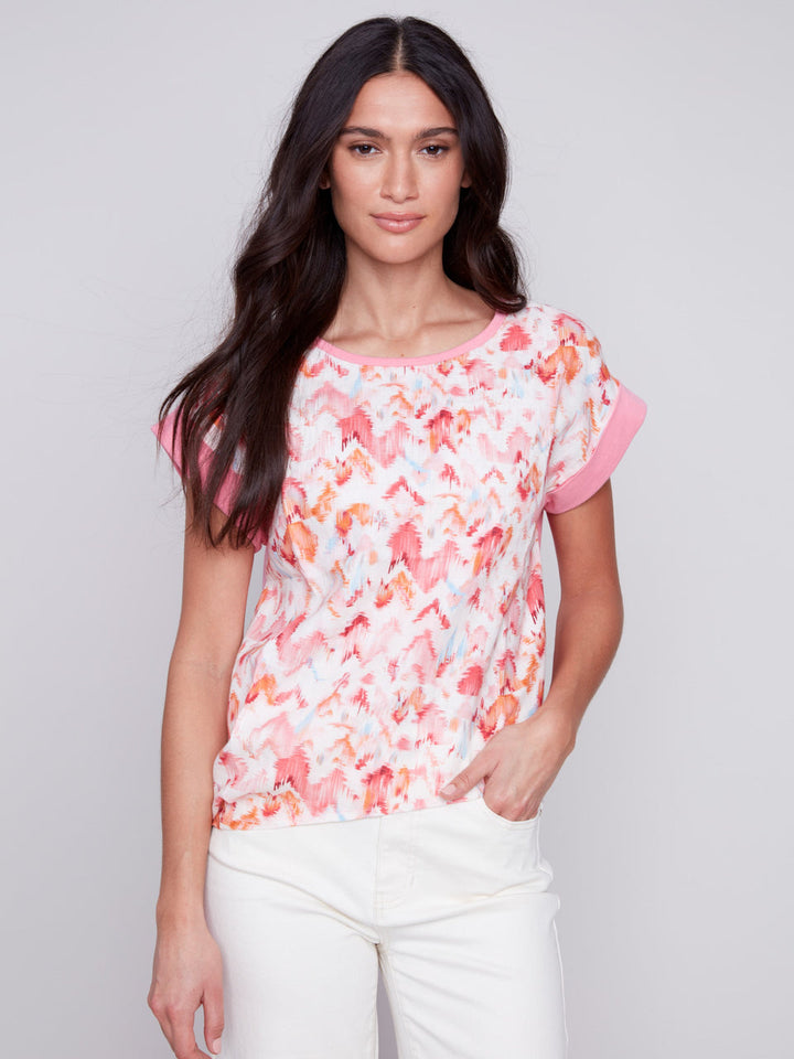 PRINTED JERSEY LINEN COMBO SIDE TIE SHIRT - PINK