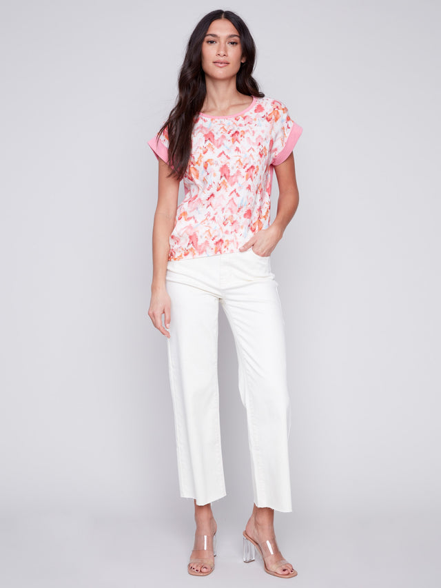PRINTED JERSEY LINEN COMBO SIDE TIE SHIRT - PINK