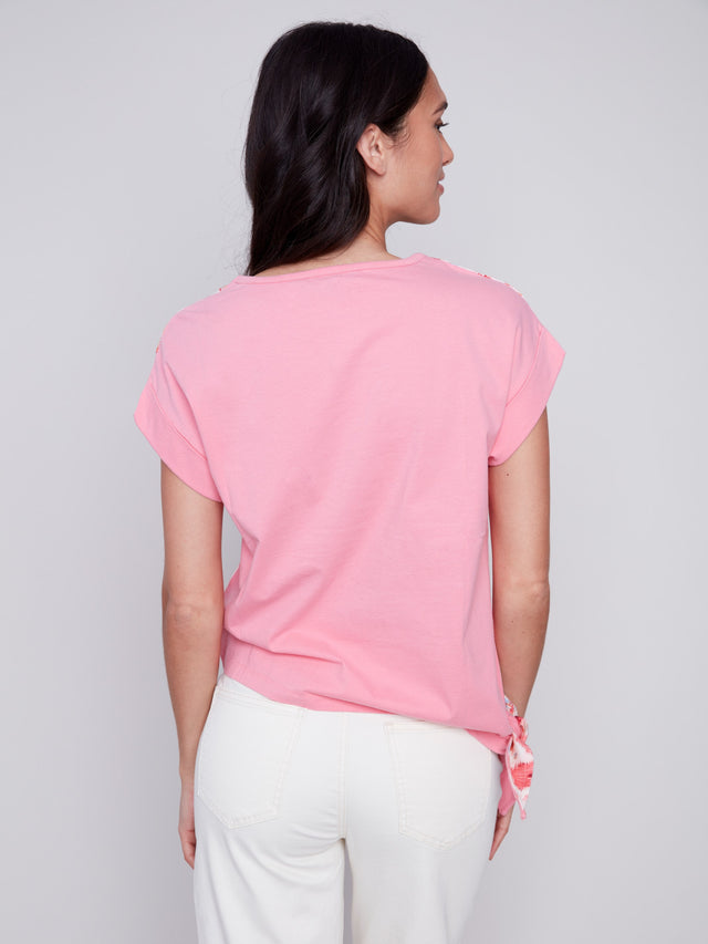PRINTED JERSEY LINEN COMBO SIDE TIE SHIRT - PINK