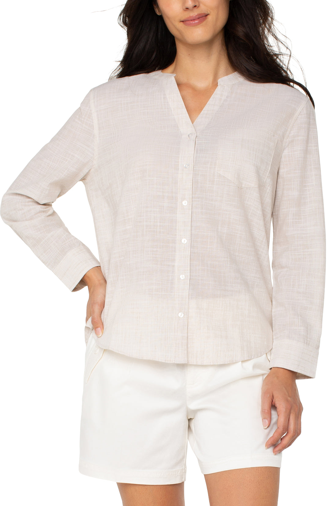 L/S BUTTON FRONT WOVEN SHIRT - LIGHT TAN/WHITE