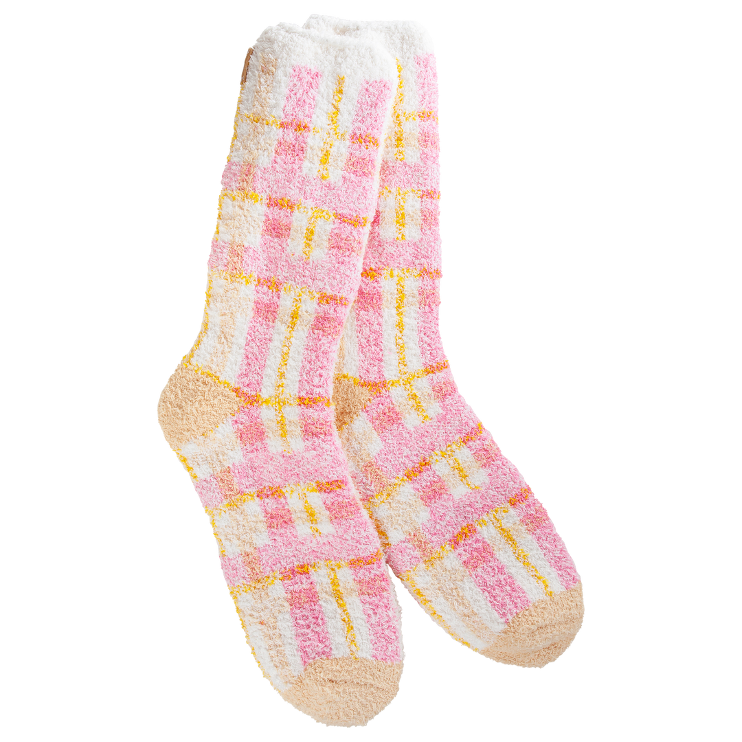COZY COLLECTION CREW SOCKS - PINK MULTI PLAID