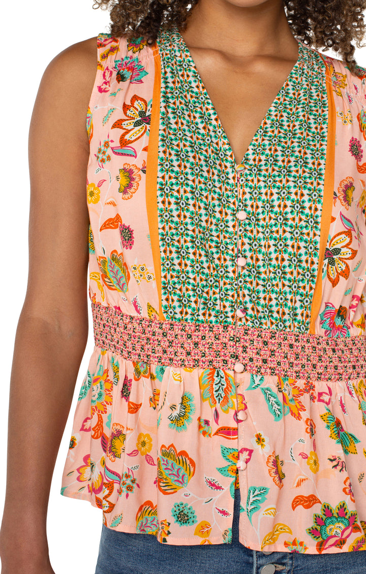 SLEEVELESS WOVEN TOP W/SMOCKED WAIST - PINK/GREEN
