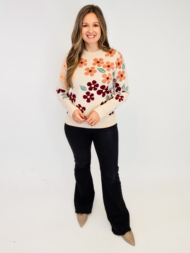 CREW NECK FLORAL JACQUARD SWEATER - TAUPE
