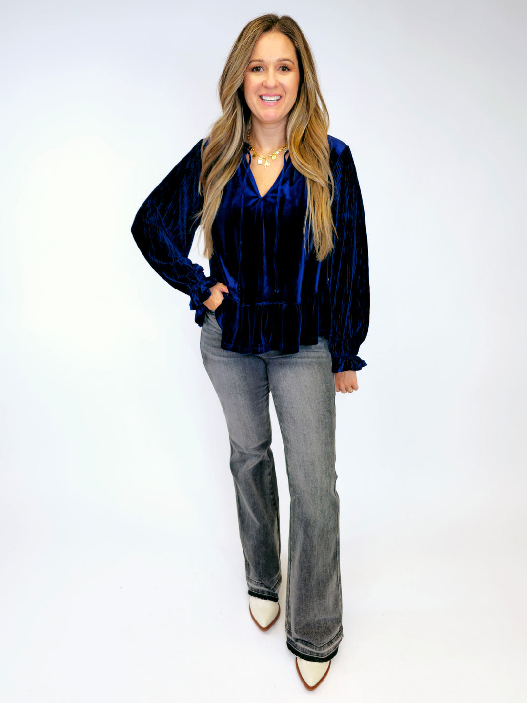 VELVET RIBBED SLEEVE V-NECK TIE TOP - NAVY