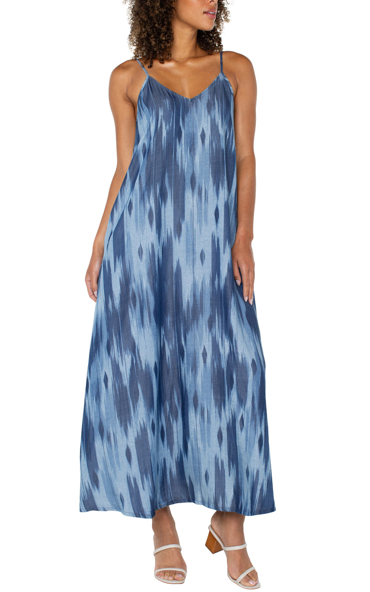 SPAGHETTI STRAP MAXI DRESS W/POCKETS - WATER COLORS BLUE