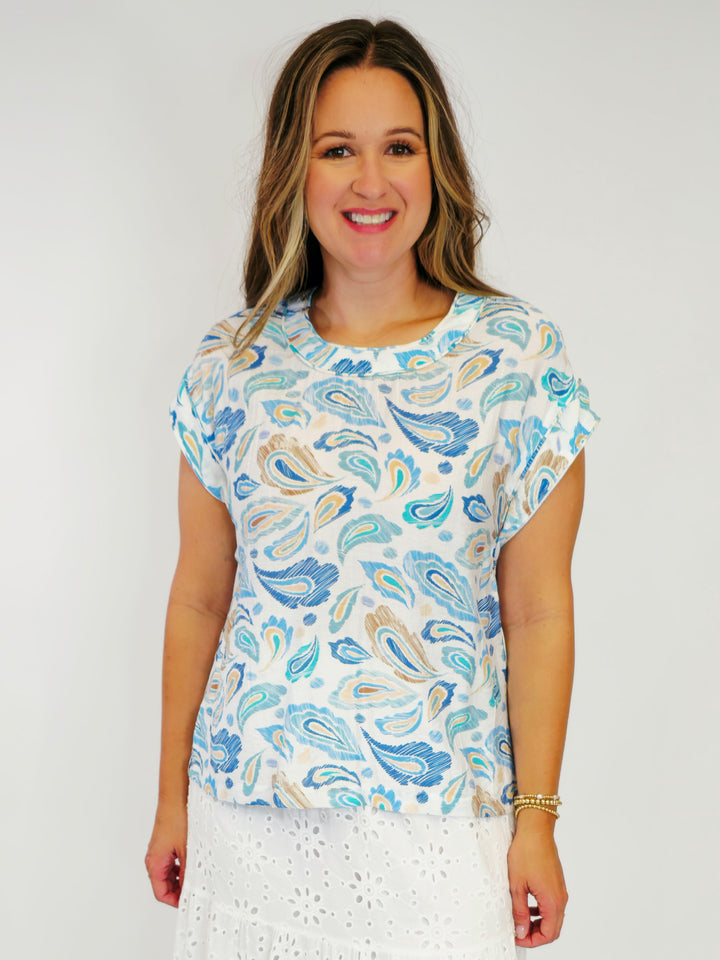 PAISLEY PRINT CAP SLEEVE BLOUSE - BLUE MIX