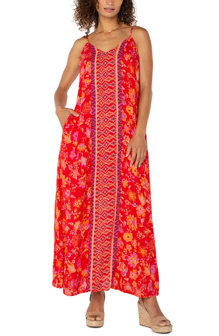 SPAGHETTI STRAP WOVEN MAXI DRESS - RED ORANGE FLORAL