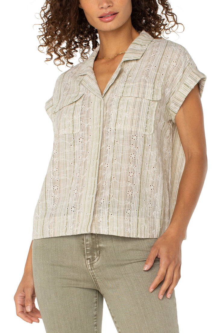 COLLARED DOLMAN CAMP SHIRT W/HIDDEN PLACKET - GREEN/TAN STRIPE