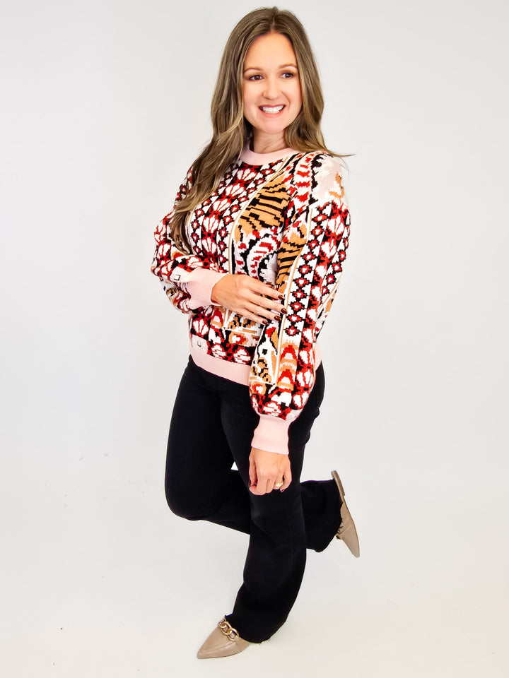 RIBBED DETAIL ABSTRACT PRINTED SWEATER - RUST/IVORY