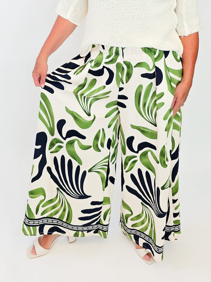MIX TROPICAL LEAF PRINT WIDE LEG PANTS - OLIVE MIX
