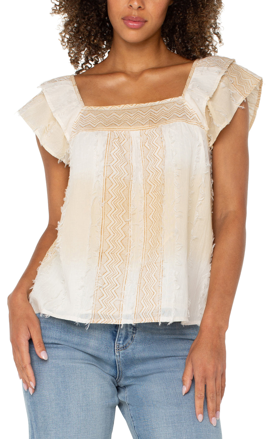 SHORT SLEEVE SQUARE NECK WOVEN BLOUSE - BROWN/CREAM