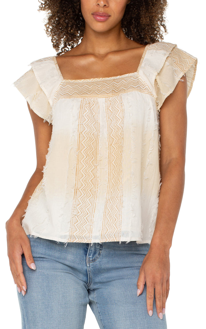 SHORT SLEEVE SQUARE NECK WOVEN BLOUSE - BROWN/CREAM