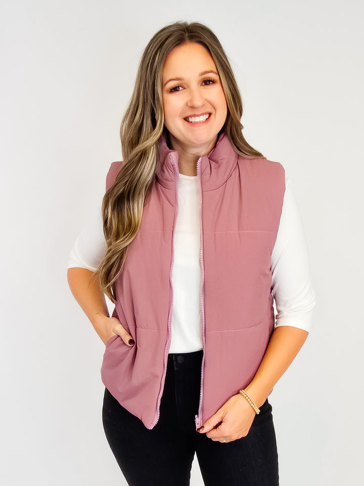 CORDUROY REVERSIBLE PUFFER VEST - ROSE