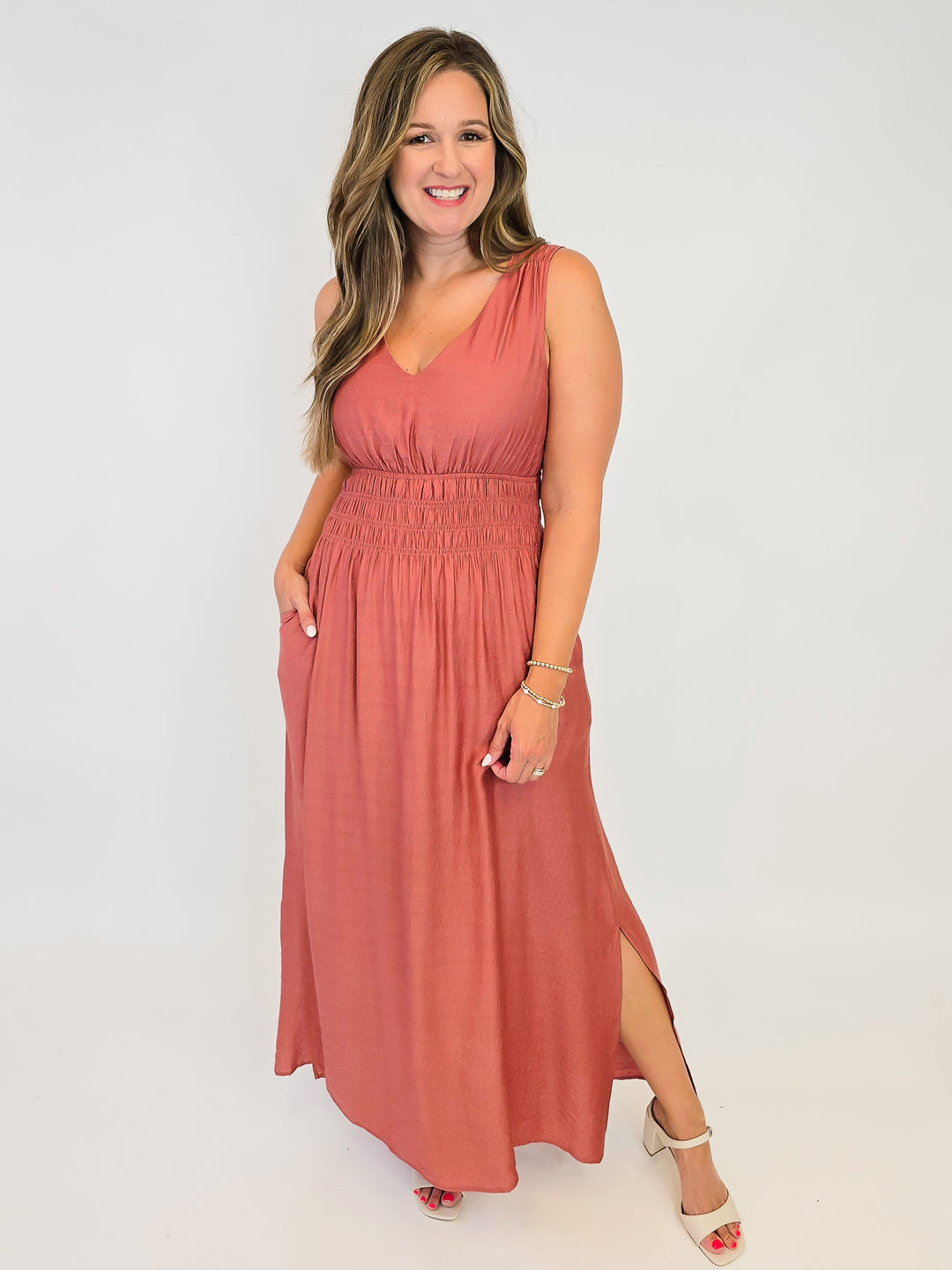 SLEEVELESS SOLID MAXI DRESS W/SMOCKED WAIST - LIGHT BRICK