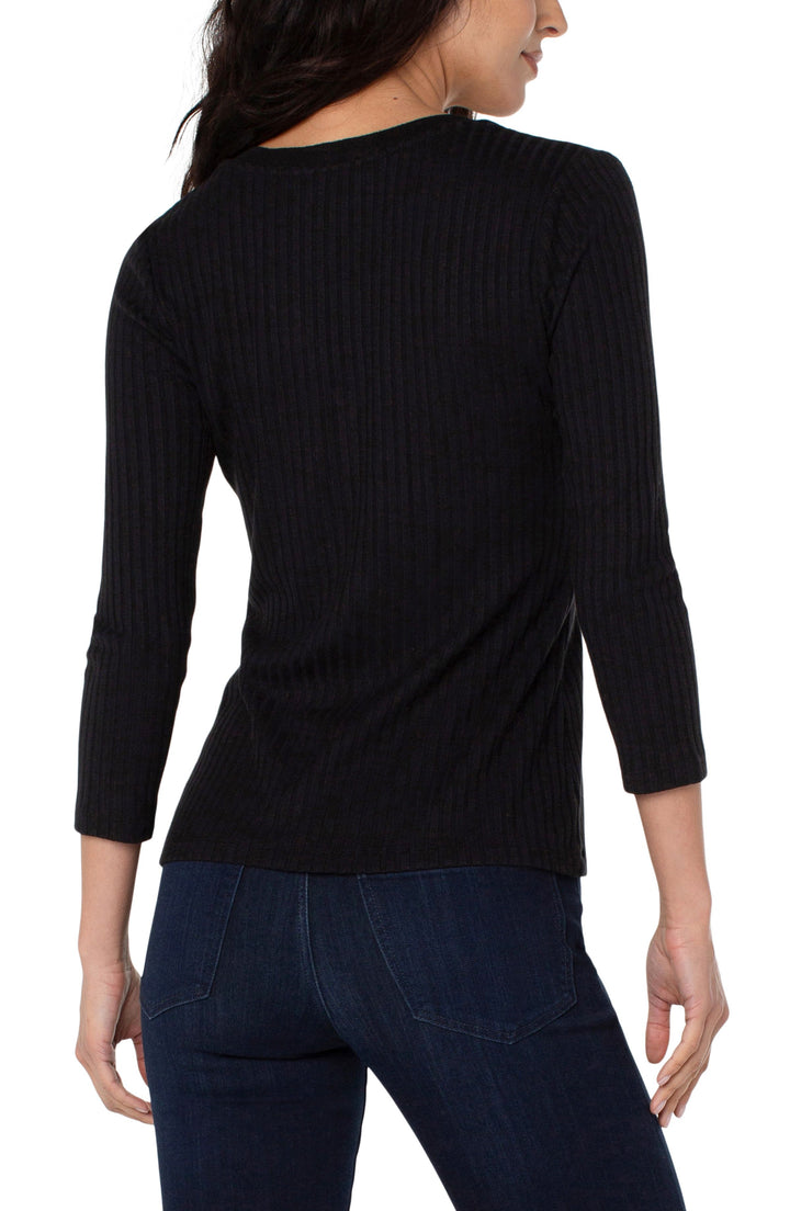 3/4 SLEEVE BUTTON FRONT RIBBED HENLEY TOP - BLACK