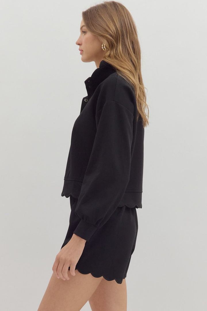 LONG SLEEVE SCALLOP HEM TOP - BLACK
