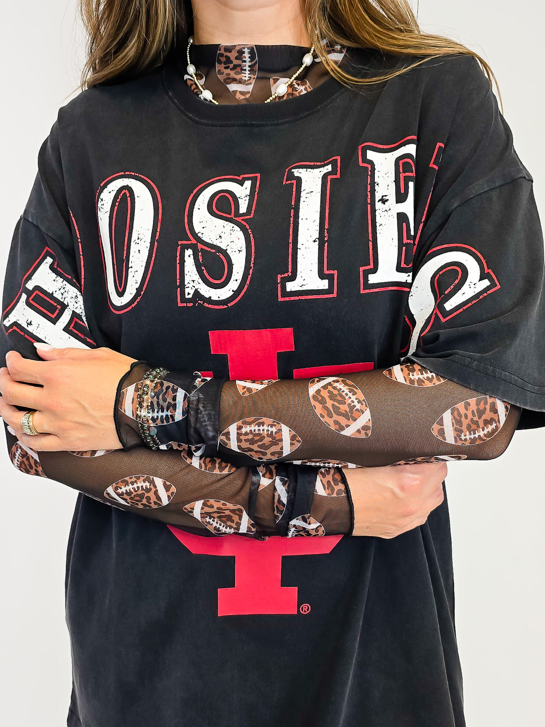 LEOPARD FOOTBALL PRINTED MESH LAYERING TOP -  CLASH BLACK