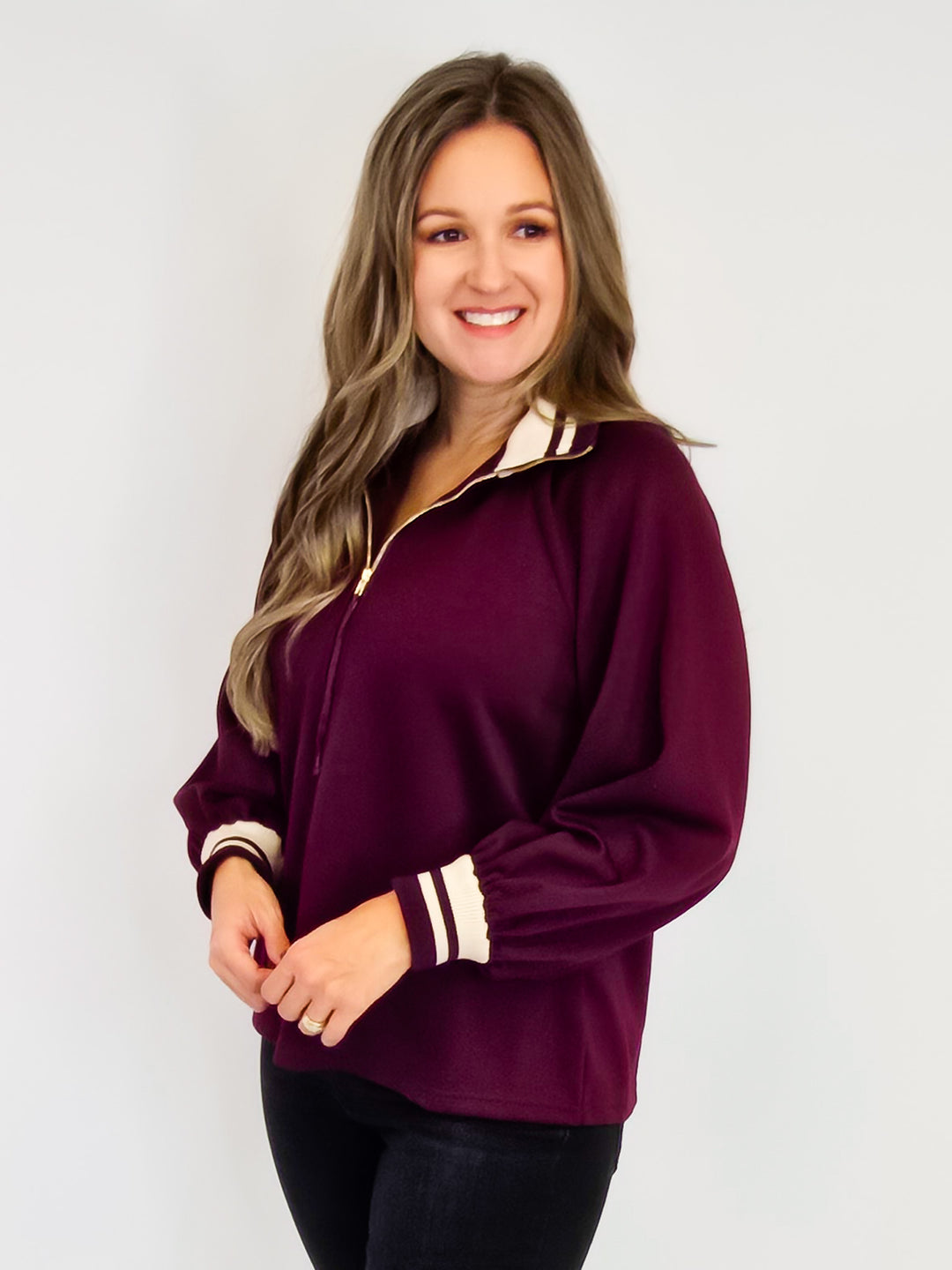 HALF ZIP LONG SLEEVE KNIT TOP - BURGUNDY