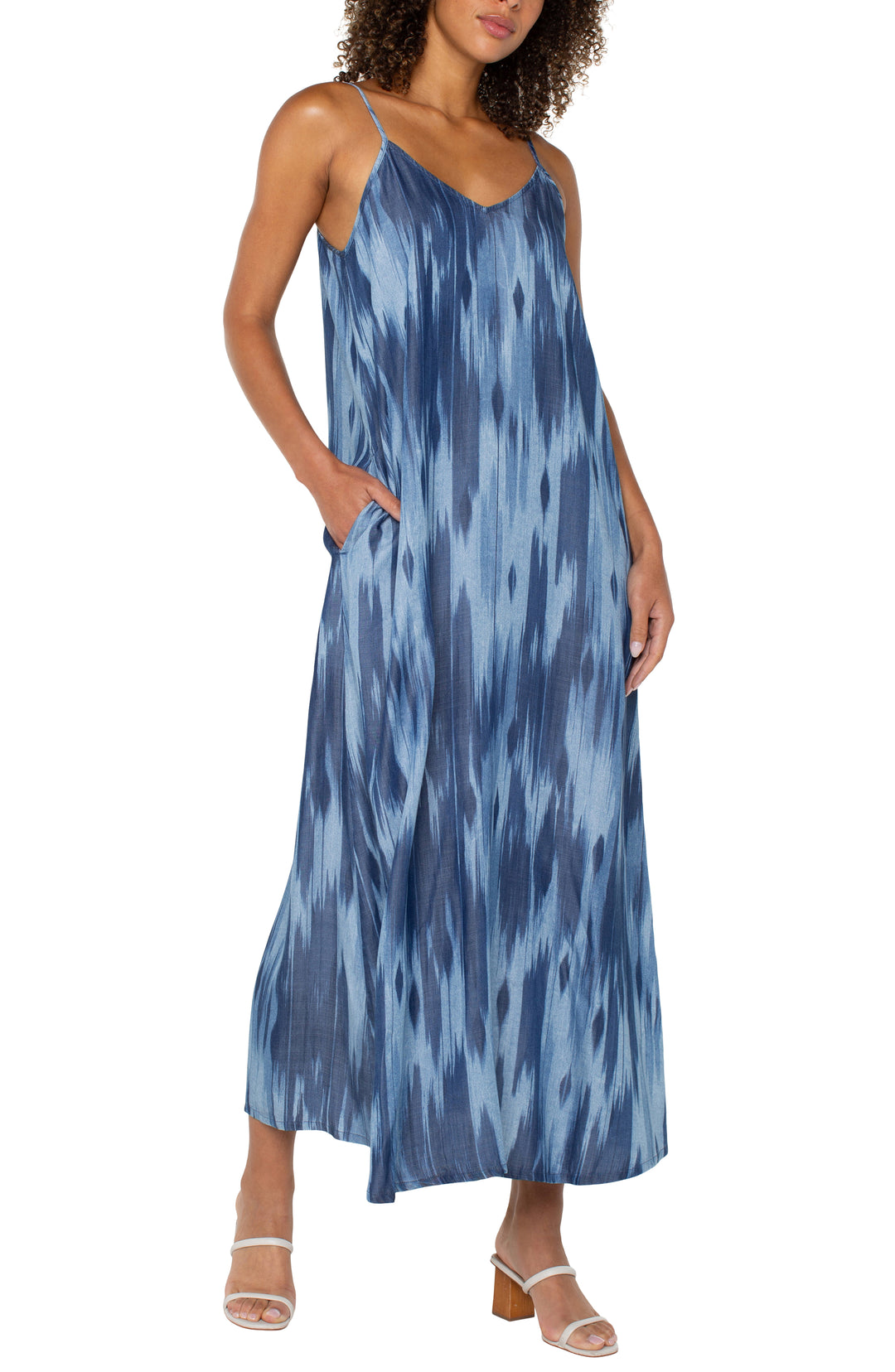 SPAGHETTI STRAP MAXI DRESS W/POCKETS - WATER COLORS BLUE