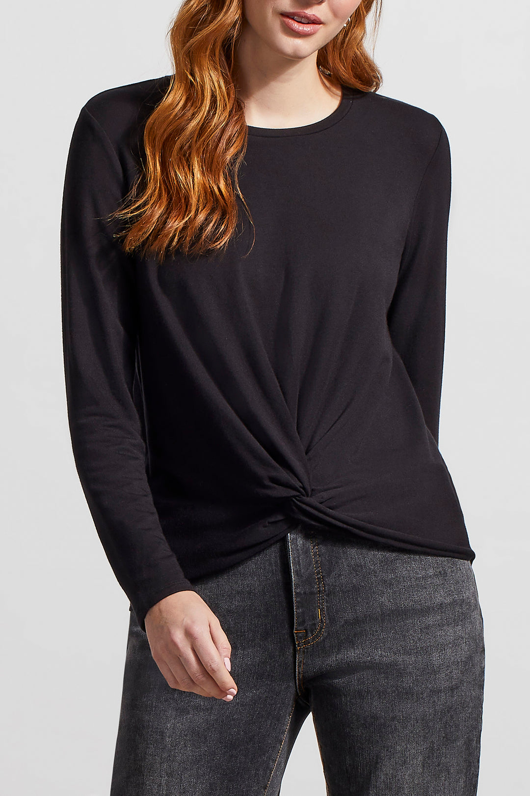 CREW NECK TOP W/ FAUX KNOT - BLACK