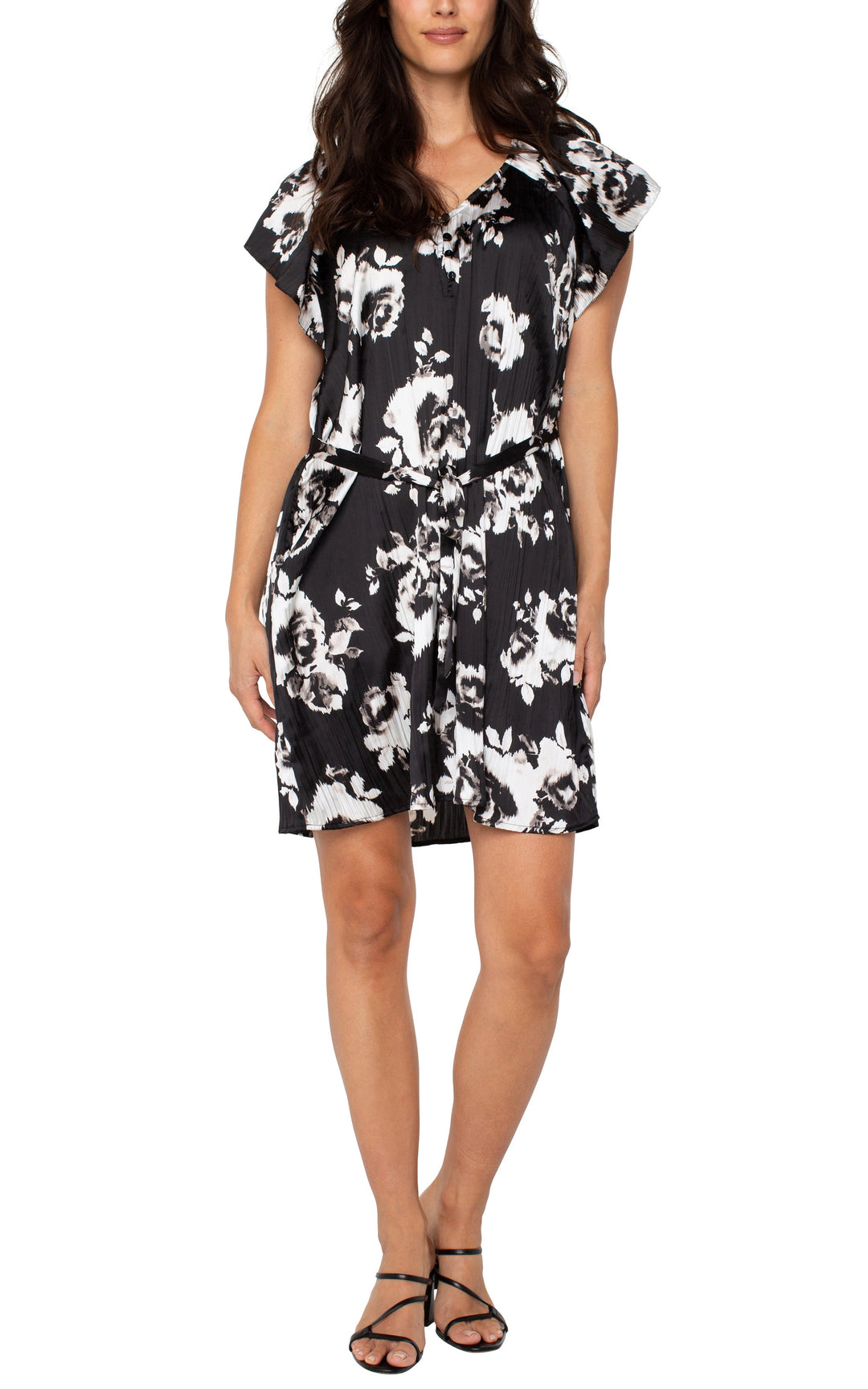FLUTTER SLEEVE RAGLAN WOVEN DRESS - BLACK/WHITE FLORAL