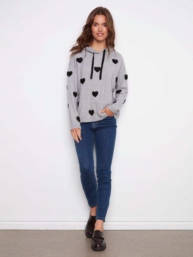 NEEDLE PUNCH HEART BOUCLE HOODIE - GREY