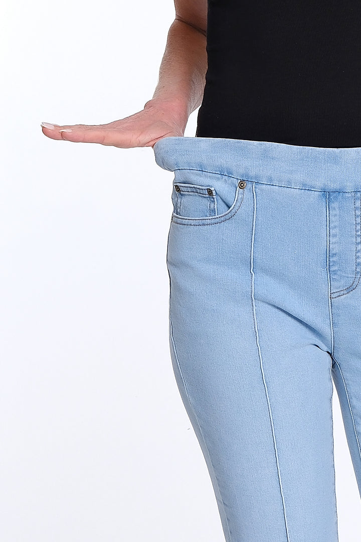 PULL ON PINTUCK FLARE LET CROP JEANS - LIGHT INDIGO