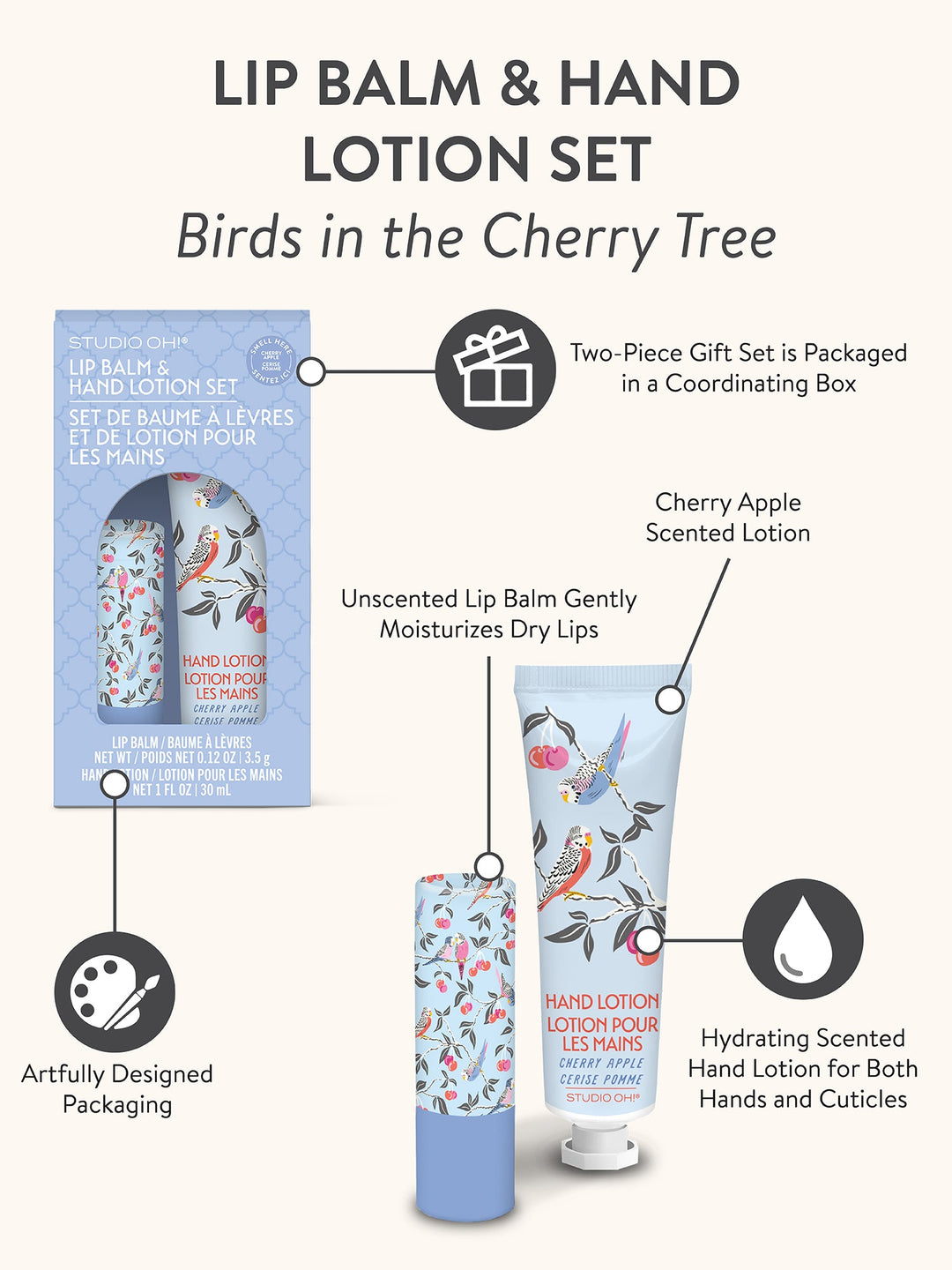 LIP BALM & HAND LOTION SET - BIRDS IN THE CHERRY TREE