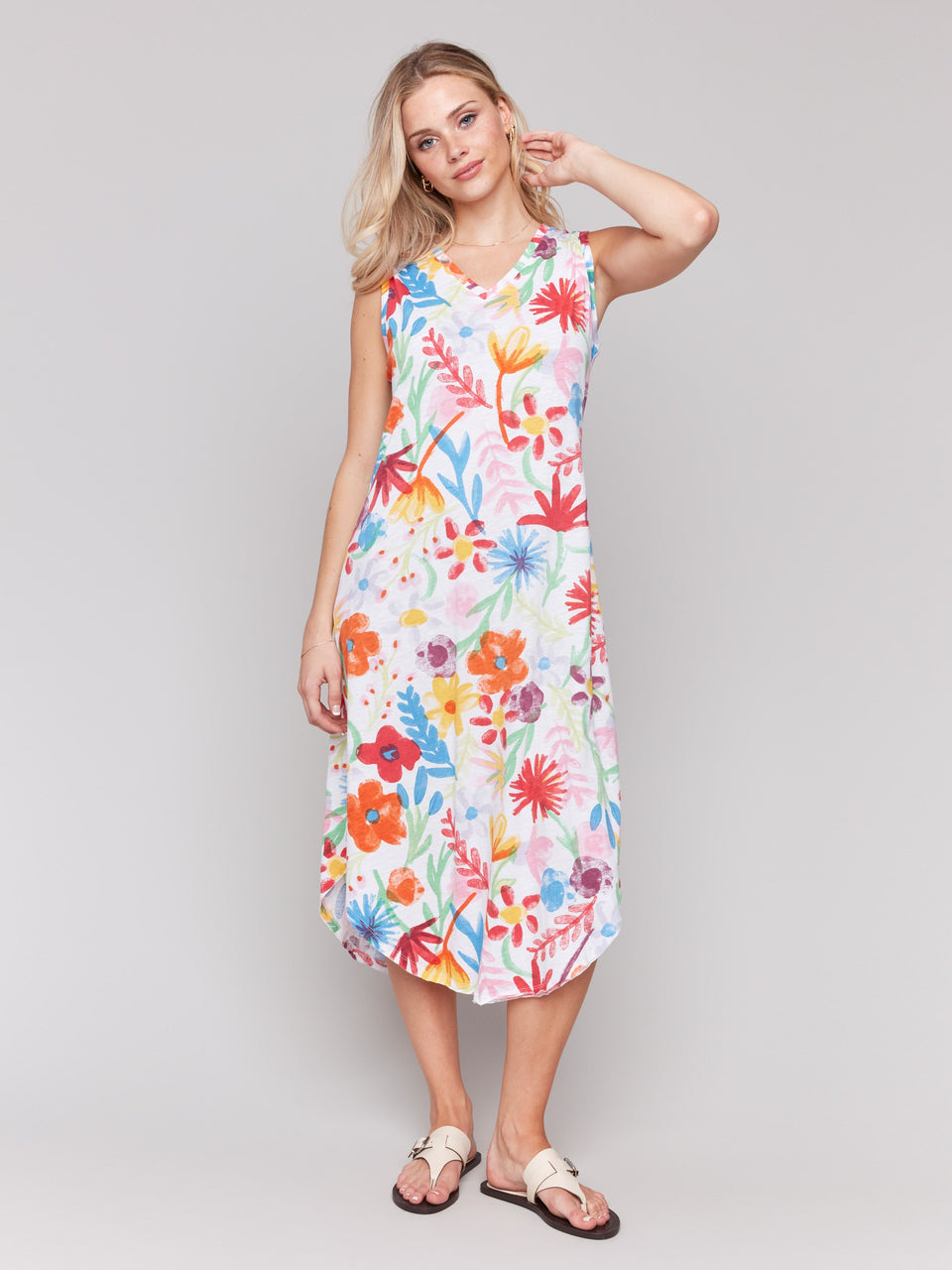 PRINTED SLEEVELESS COTTON SLUB DRESS - WILDFLOWERS