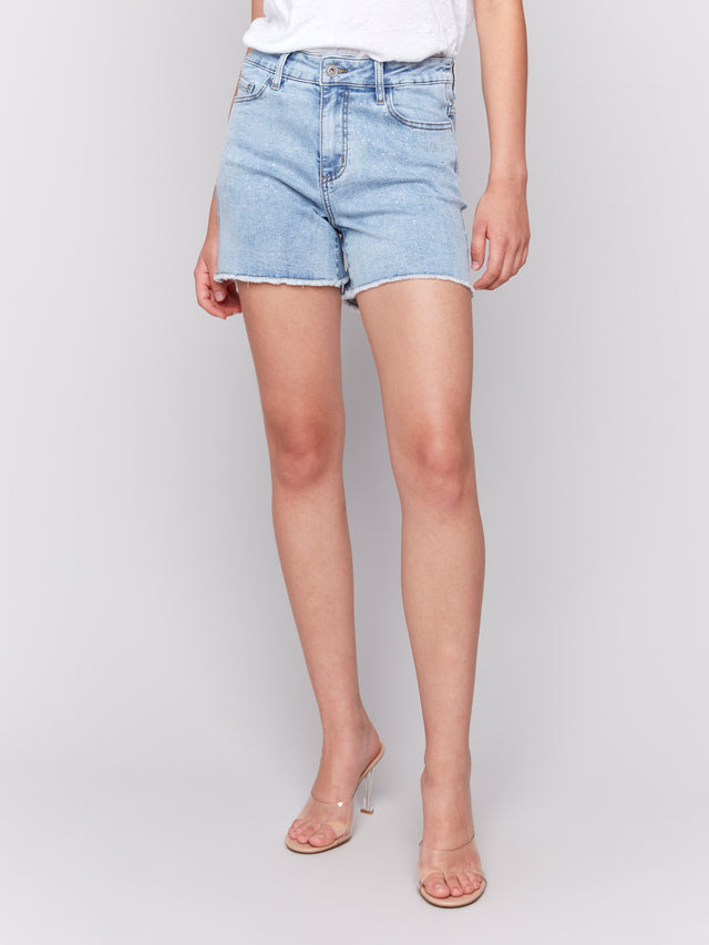 EMBELLISHED STRETCH DENIM SHORTS - LIGHT BLUE