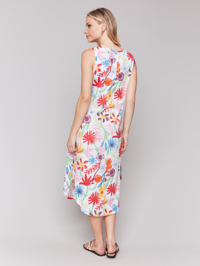 PRINTED SLEEVELESS COTTON SLUB DRESS - WILDFLOWERS