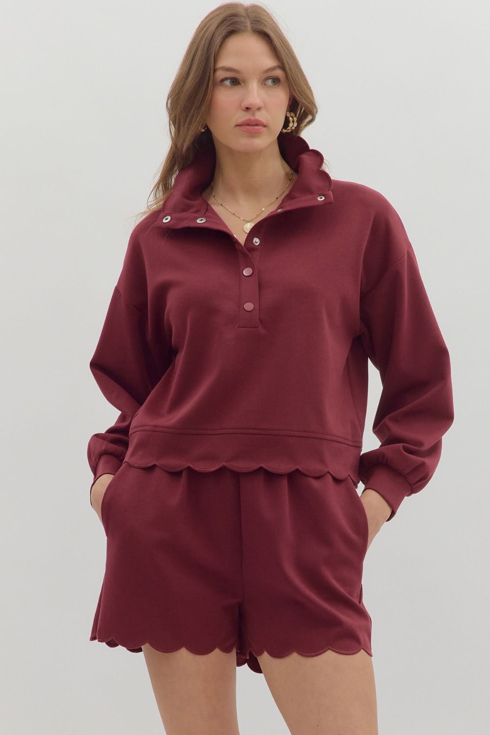 LONG SLEEVE SCALLOP HEM TOP - BURGUNDY