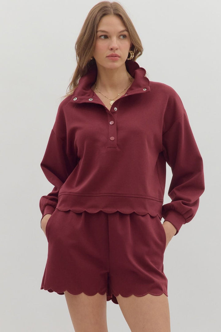 LONG SLEEVE SCALLOP HEM TOP - BURGUNDY