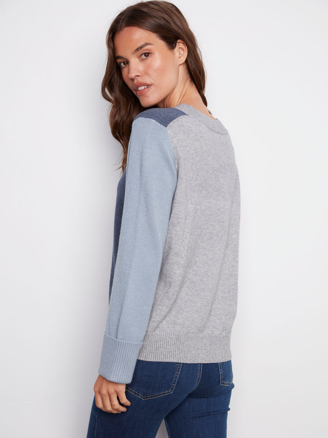 COLOR BLOCK V-NECK SWEATER - MOONLIGHT