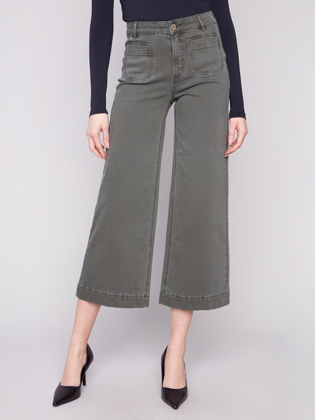 CROPPED PATCH POCKET FLARE TWILL PANTS - SPRUCE