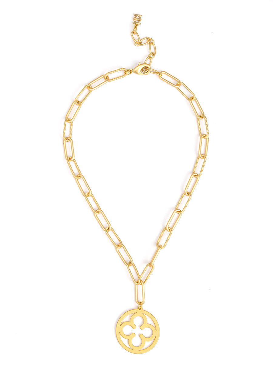 CIRCLE CLOVER PENDANT LINK NECKLACE - MATTE GOLD