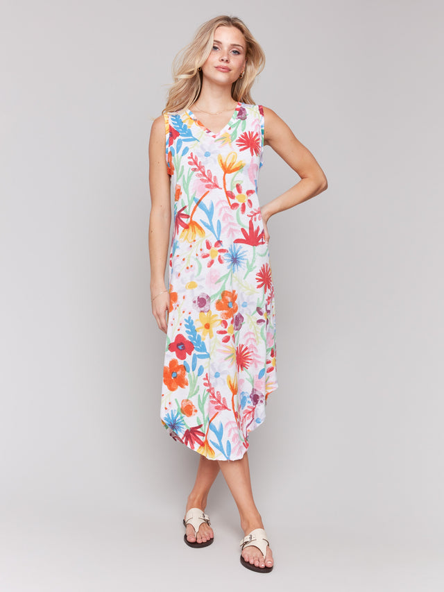 PRINTED SLEEVELESS COTTON SLUB DRESS - WILDFLOWERS
