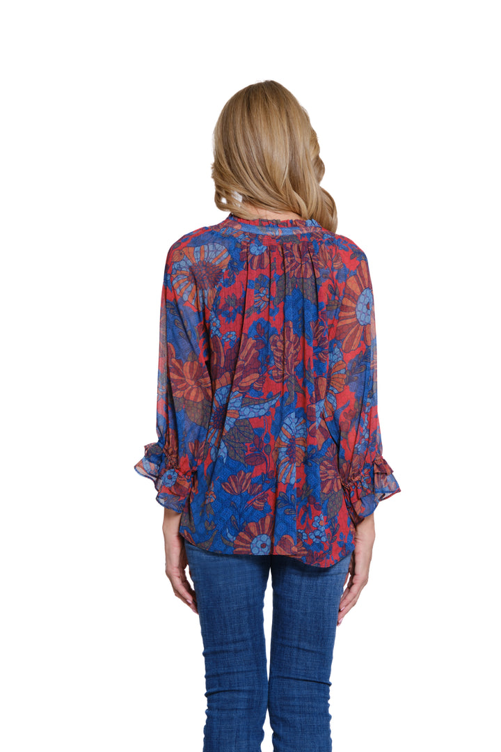FLOUNCE RAGLAN 3/4 SLEEVE TIE FRONT TOP - NAVY/RED ABSTRACT FLORAL