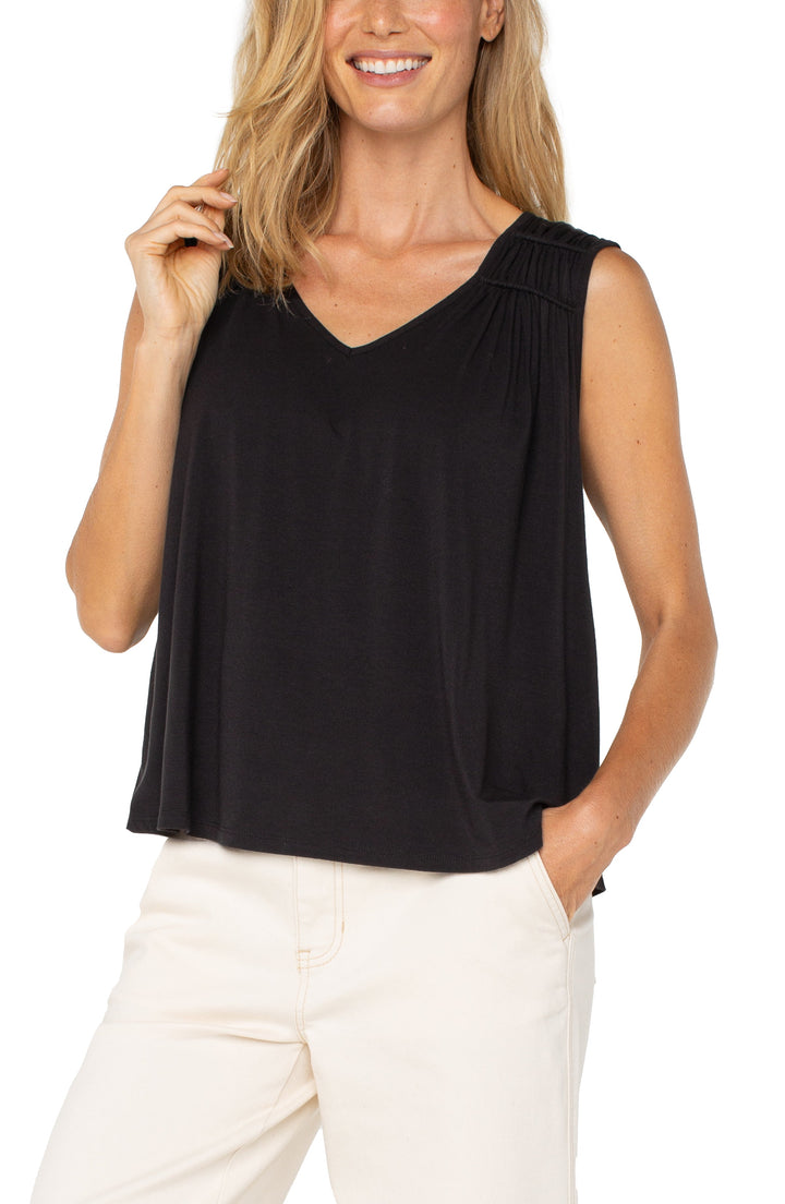 SLEEVELESS SHIRRED DETAIL KNIT TOP - BLACK
